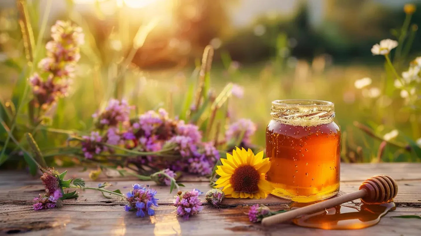 image of honey on a wooden table in a field