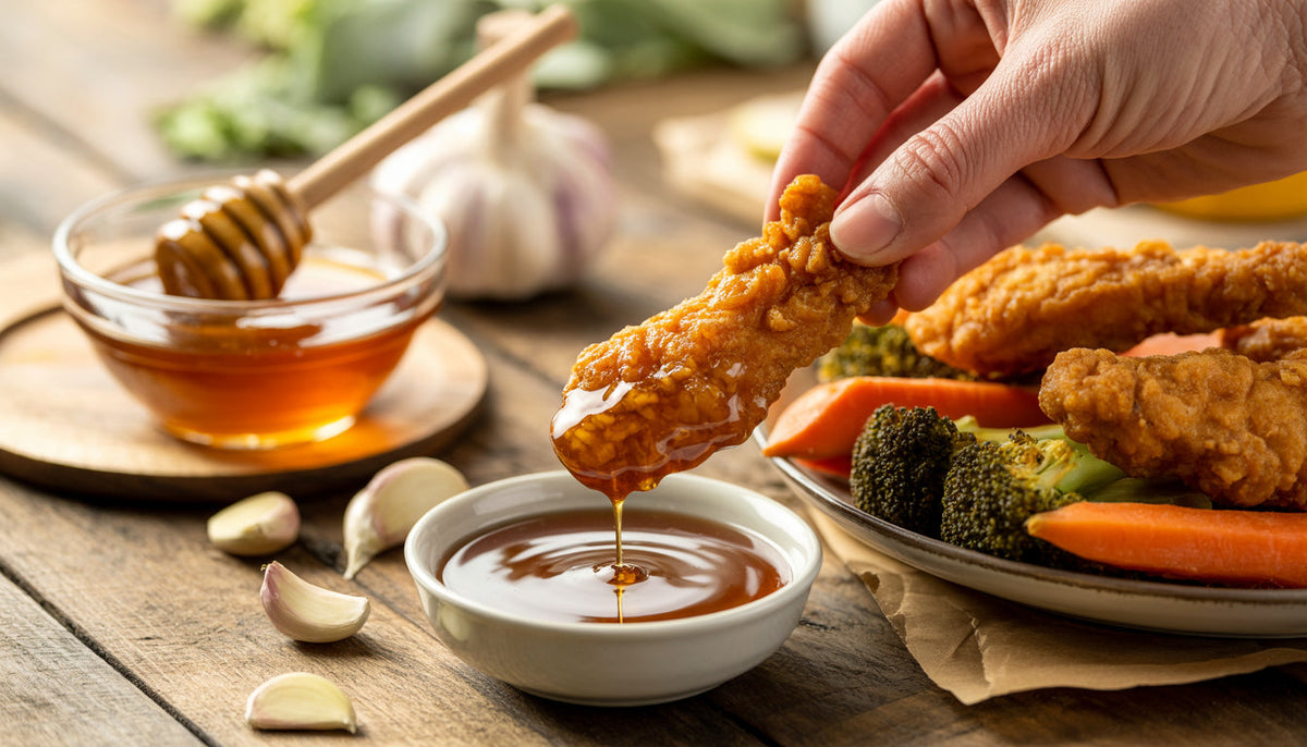 Homemade garlic honey sauce in a glass jar with garlic cloves and honey dipper on a rustic wooden table – Huckle Bee Farms Garlic Honey recipe.