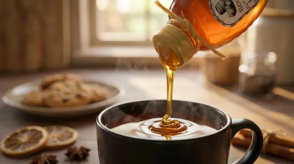 Raw golden honey dripping into a steaming mug of tea — a simple, comforting tea-and-honey pairing.