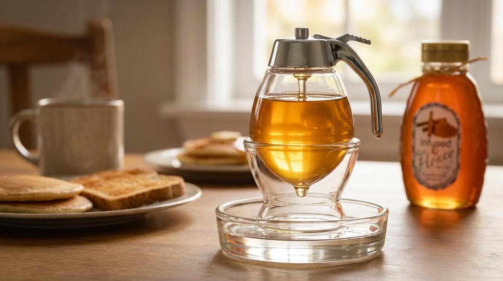 Honey dispenser on a table in a kitchen