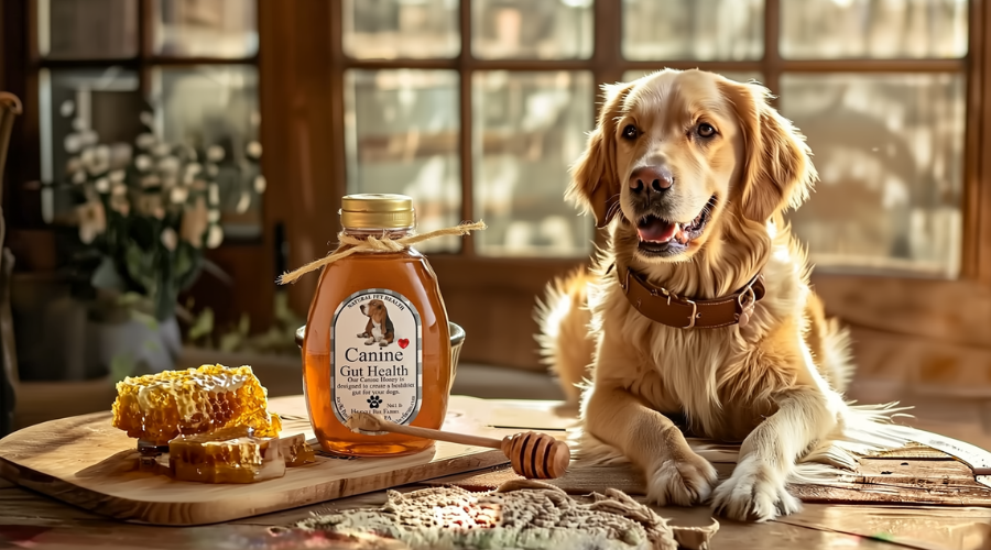 dog laying next to a bottle of k9 honey