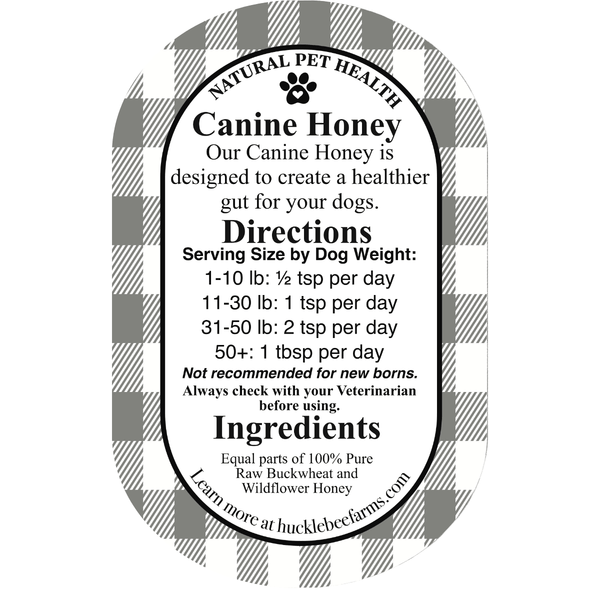 Label of Dog Allergy Relief Honey with Natural Ingredients showing dosage directions and ingredients for canine gut health support.