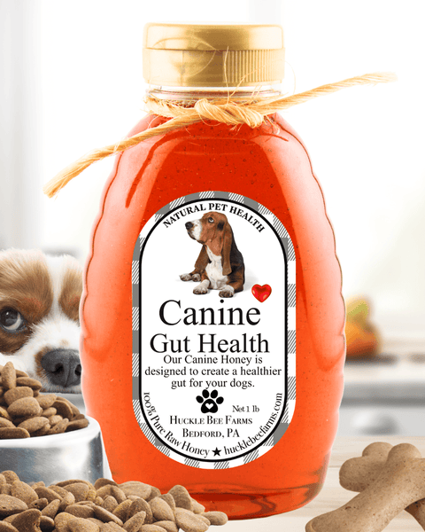 Dog Allergy Relief Honey with Natural Ingredients in a 1 lb bottle, shown with a puppy and dog treats for promoting canine gut health.
