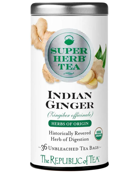 Organic Indian Ginger SuperHerb® tea bags in a tin with 36 unbleached tea bags. Premium herbal tea by The Republic of Tea, USDA organic certified.
