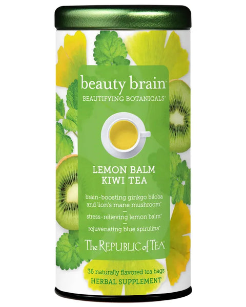Beauty Brain Herbal Tea - 36 Bags by Beautifying Botanicals in a green tin with lemon balm, kiwi, and herbal ingredients for skin and brain health.