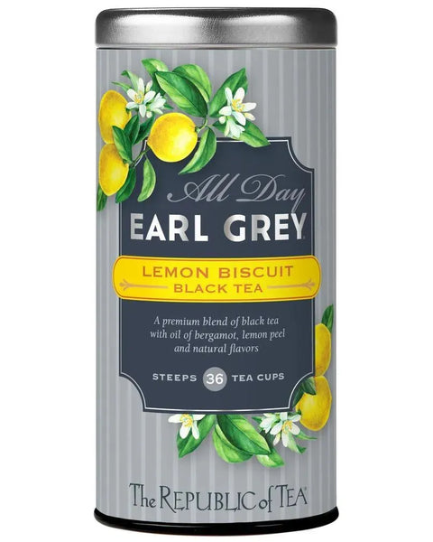 Earl Grey Lemon Biscuit Tea - 36 Tea Bags Delight in a silver tin with lemon and floral design, labeled as decaffeinated black tea with bergamot.