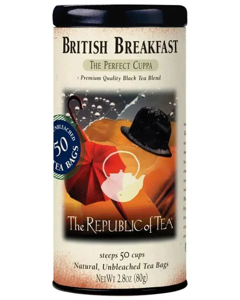 British Breakfast Tea Bags in a decorative tin with 50 unbleached tea bags. A premium black tea blend for a robust and flavorful morning cup.