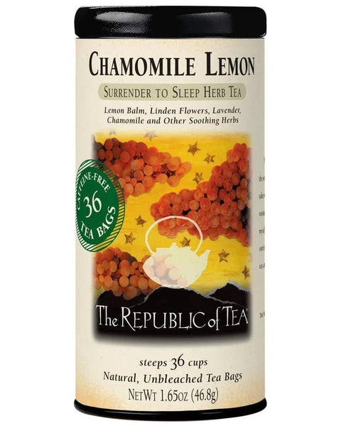 Chamomile Lemon Herbal Tea Bags in a tin with 36 tea bags from The Republic of Tea. A caffeine-free blend with lemon balm, linden flowers, and chamomile.