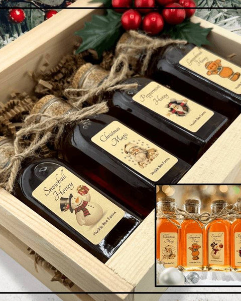 Holiday Honey Gift Box with four festive flavors in a wooden crate