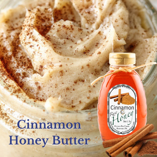 Cinnamon Honey: Nature’s Perfect Pairing with 100% Pure Honey shown with whipped cinnamon honey butter in a jar, ideal for sweet spreads.