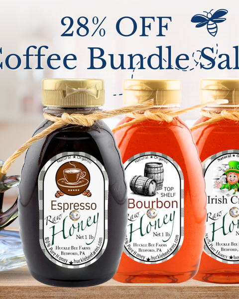 Coffee Lover’s Honey Bundle featuring Espresso, Bourbon, and Irish Cream Honey bottles, a gourmet honey gift set for coffee and cocktail lovers.