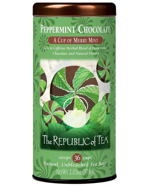 Peppermint Chocolate Tea Bags in a decorative tin from The Republic of Tea. A caffeine-free herbal blend with peppermint, chocolate, and natural flavors.