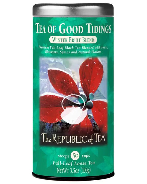 Tea of Good Tidings - Holiday Black Tea Blend in a festive tin, offering 50 cups of full-leaf loose tea with fruit, spices, and natural flavors.
