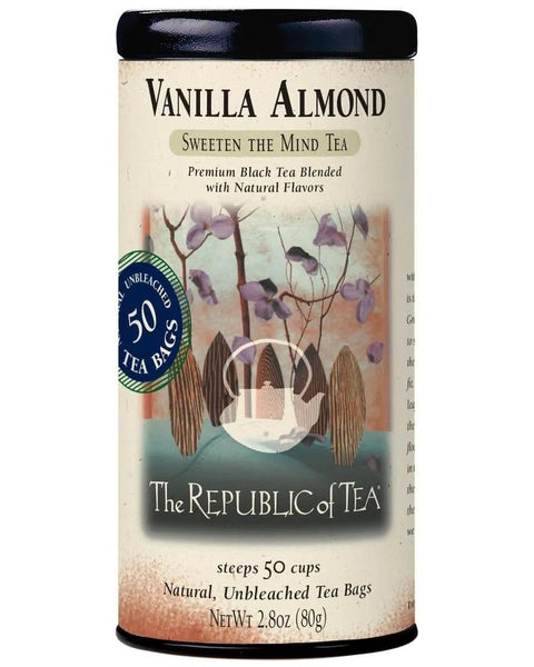 Vanilla Almond Black Tea Bags tin with 50 unbleached tea bags, offering a rich blend of premium black tea and natural flavors.