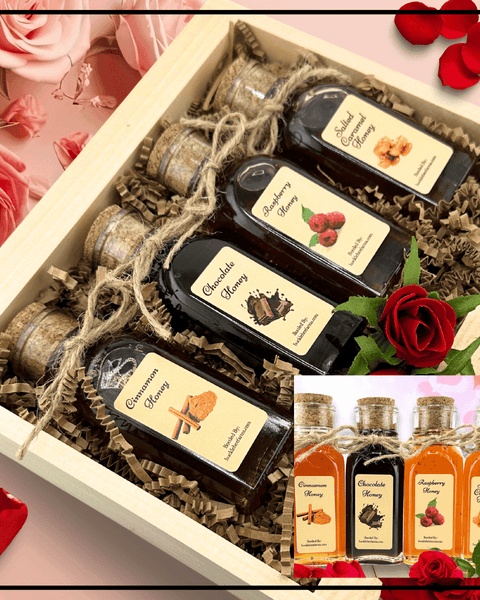 Valentine's Magic Gift Box featuring four heartfelt sweet honey flavors in a rustic wooden crate. A perfect romantic gift for honey lovers.