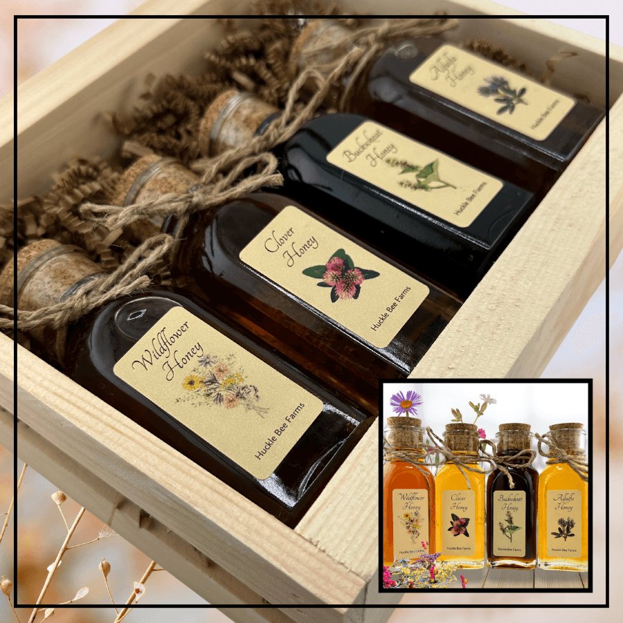 Raw honey gift box in a rustic wooden crate | Luxury honey gift in high quality a upcycled wooden box | Honey + honeycomb + propolis + pollen + candles