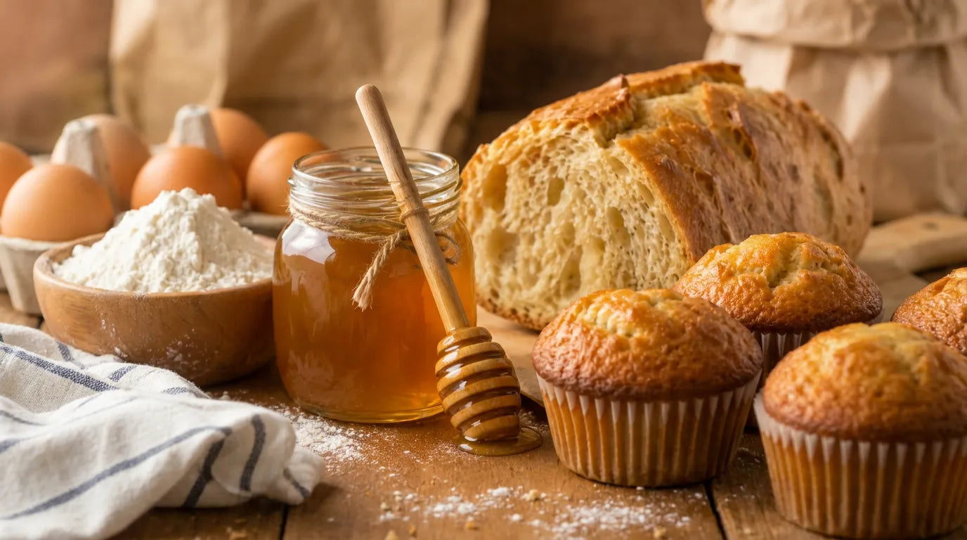 Jar of raw honey with a dipper beside flour and eggs, homemade bread and muffins showing honey's role in baking in a tight close up photo