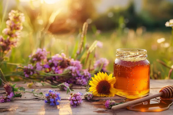 image of honey on a wooden table in a field