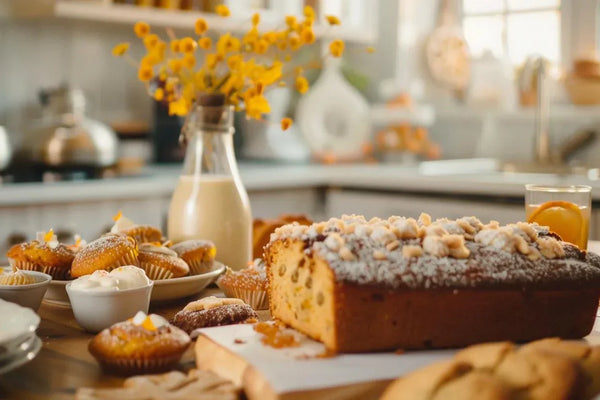 Loaf cake, muffins, and cookies made with orange blossom honey set in a warm kitchen
