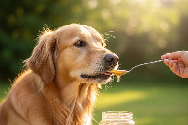 Happy dog enjoying raw honey outdoors, emphasizing health benefits for pets