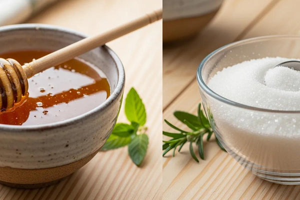 Raw honey and sugar side by side, highlighting natural sweeteners for pets