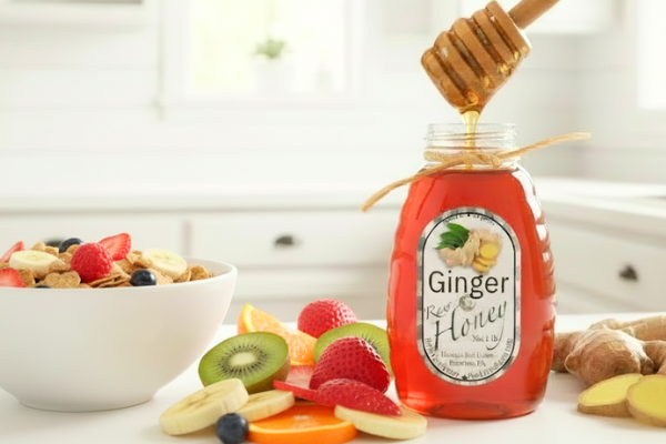 ginger honey on the table with some fruit