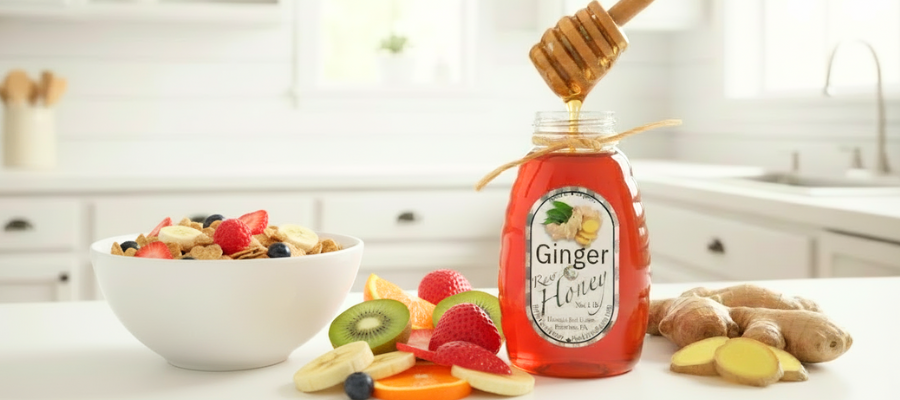ginger honey on the table with some fruit