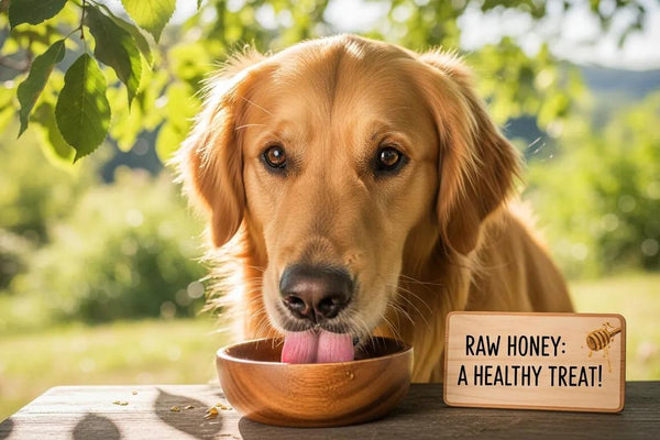Happy dog enjoying raw honey outdoors, showcasing health benefits for pets
