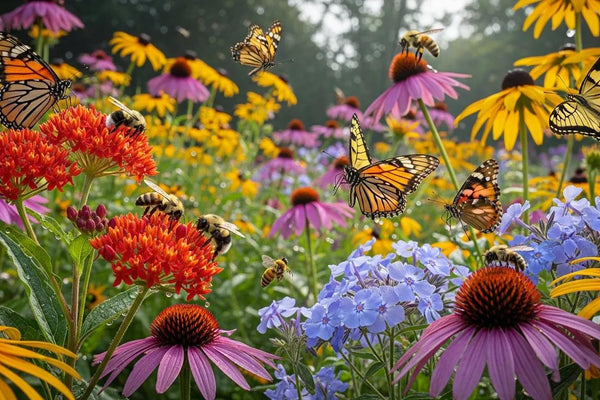 Vibrant garden with diverse native flowers attracting bees and butterflies, representing pollinator habitat