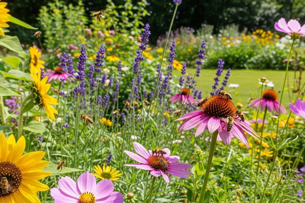 Healthy honey bee colony foraging in a vibrant garden, emphasizing pollinator health and ecological balance