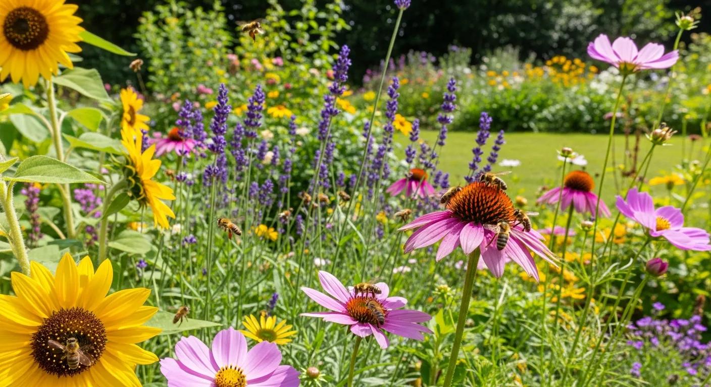 Healthy honey bee colony foraging in a vibrant garden, emphasizing pollinator health and ecological balance