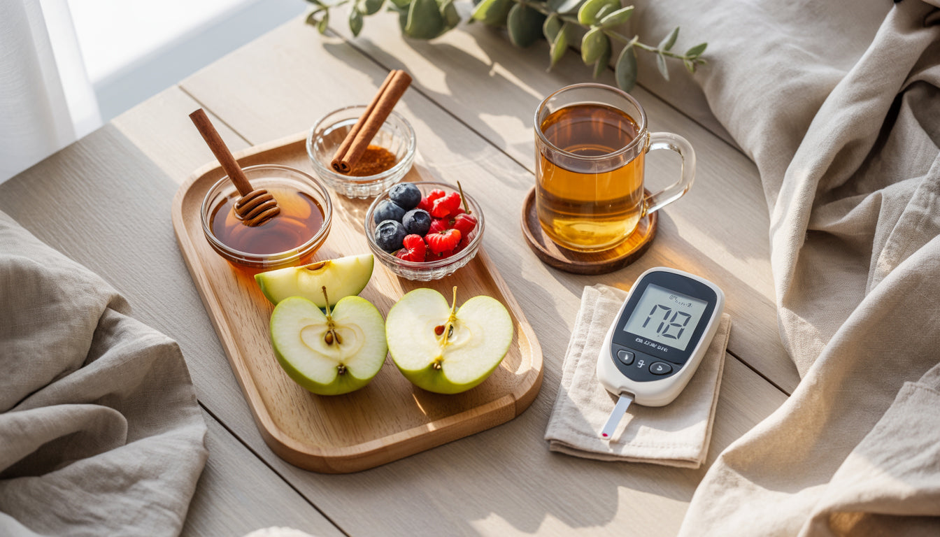 An inviting spread of natural sweeteners — stevia, monk fruit, erythritol and a jar of honey on a sunny kitchen counter