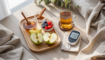 An inviting spread of natural sweeteners — stevia, monk fruit, erythritol and a jar of honey on a sunny kitchen counter
