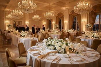 wedding ballroom with honey favors