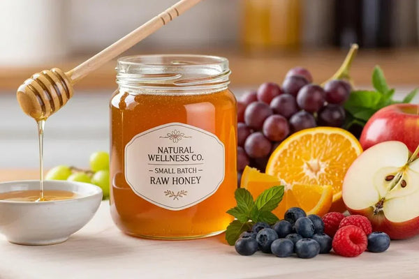 Jar of raw honey beside fresh fruit — small-batch, natural wellness