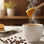 A warm, inviting scene featuring a steaming cup of rich coffee on a white rustic wooden table. 