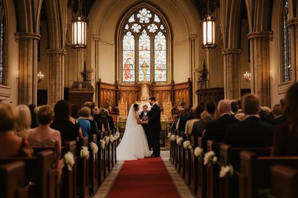 A timeless moment captured inside a beautifully adorned church, where the bride and groom exchange vows surrounded by stained glass, floral arrangements, and the warm glow of love and tradition