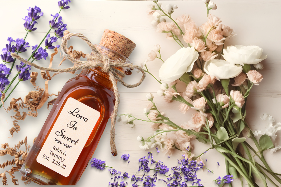 Elegant mini honey jar wedding favor with rustic twine and personalized label, placed on a linen tablecloth with soft natural lighting—perfect for a sweet, memorable gift