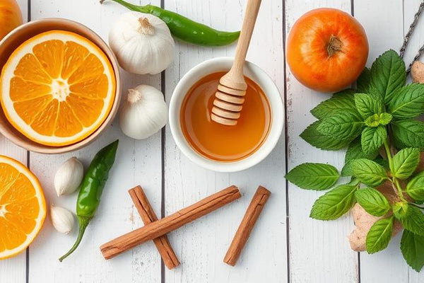 Fresh ingredients for infused honey including sliced oranges, garlic, cinnamon sticks, mint leaves, ginger, honey with dipper, apple, tomato, and green chili on a white wooden background.