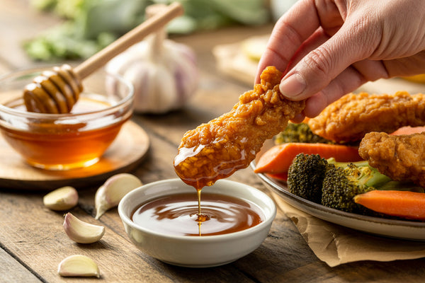 Homemade garlic honey sauce in a glass jar with garlic cloves and honey dipper on a rustic wooden table – Huckle Bee Farms Garlic Honey recipe.