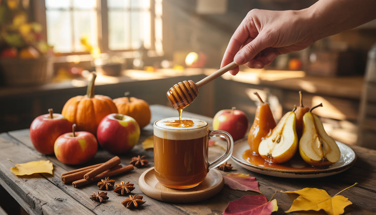 Fall Honey Collection featuring Pumpkin Spice Honey, Apple Honey, Cinnamon Honey, and Salted Caramel Honey bottles with autumn décor