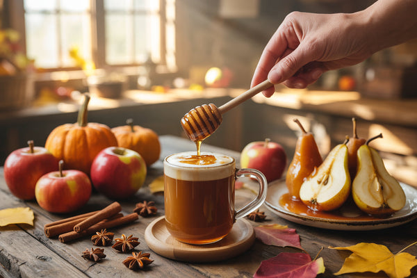 Fall Honey Collection featuring Pumpkin Spice Honey, Apple Honey, Cinnamon Honey, and Salted Caramel Honey bottles with autumn décor