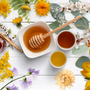 Seasonal honey varieties displayed with spring blossoms, summer sunflowers, autumn leaves, and winter spices