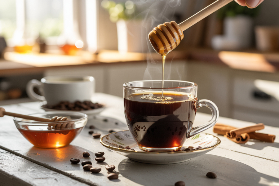 Freshly brewed coffee with golden honey drizzle on rustic wooden table