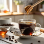 Freshly brewed coffee with golden honey drizzle on rustic wooden table