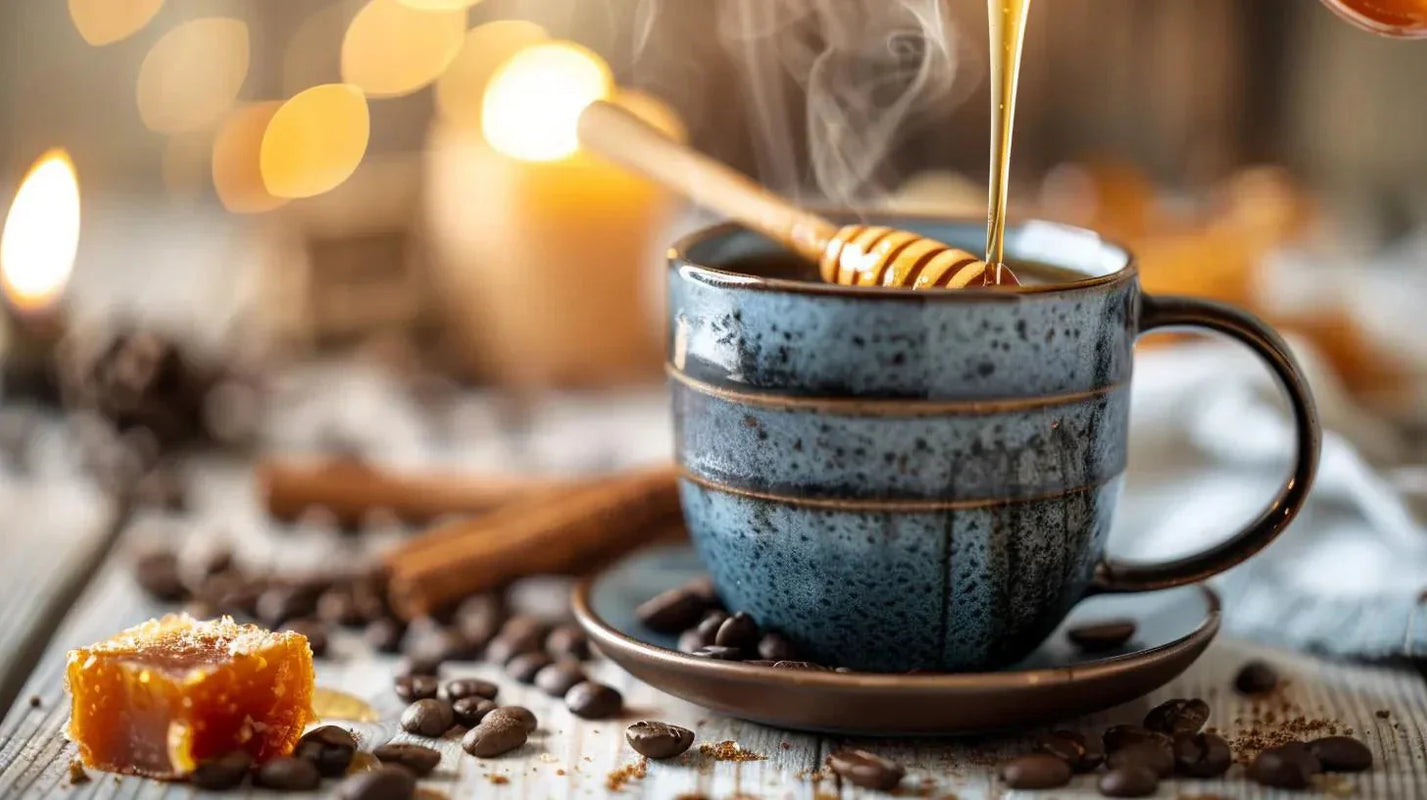 honey in coffee on a wooden table