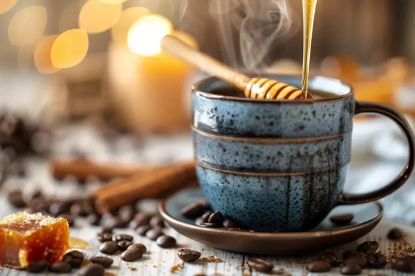 honey in coffee on a wooden table