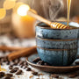 honey in coffee on a wooden table