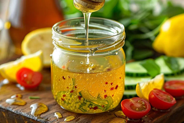 A bright, fresh kitchen scene with a clear glass jar of golden honey vinaigrette dressing on a rustic wooden countertop. A honey dipper drizzles honey into the jar, creating a glistening swirl of light. Surrounding the jar are vibrant salad ingredients—mi