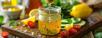 A bright, fresh kitchen scene with a clear glass jar of golden honey vinaigrette dressing on a rustic wooden countertop. A honey dipper drizzles honey into the jar, creating a glistening swirl of light. Surrounding the jar are vibrant salad ingredients—mi